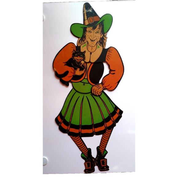 Vintage Halloween Witch Black Cat Die-Cut Jointed MOVABLE Decoration Wall 1940's - Picture 1 of 9
